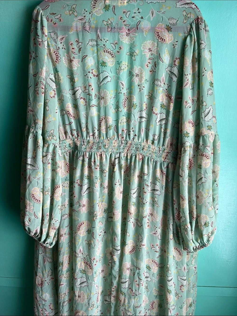 Mint Floral Long-Sleeve Kaftan Style Balloon sleeved dress
